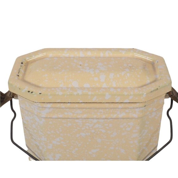 Antique French Lunchbox Granite Enamel Ware Yellow White Green Speckled 3 Pc Set - Picture 6 of 10